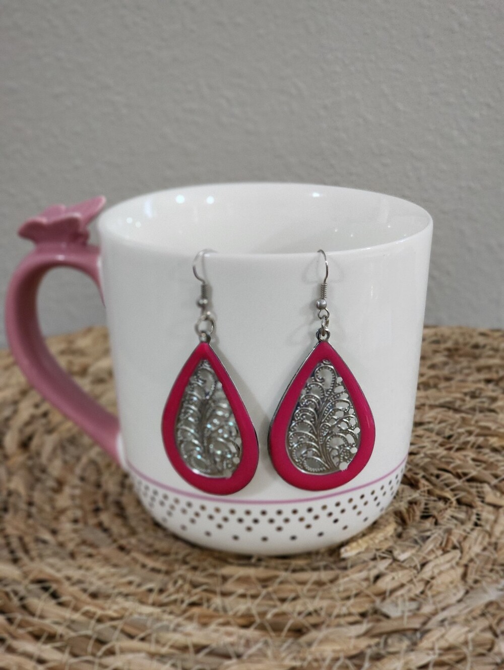 SALTY PINE Pink Teardrop Filigree Dangle Earrings - Picture 5 of 7